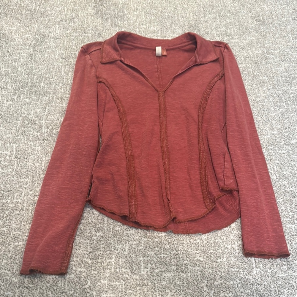 Pilcro Long Sleeve Rust-Red V-Neck Top